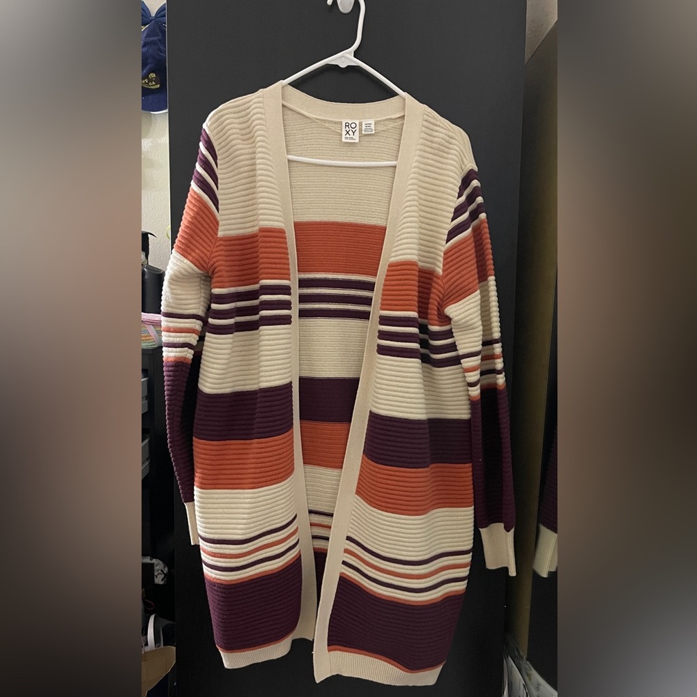 Roxy Cream and Orange Cardigan Sweater with Stripes